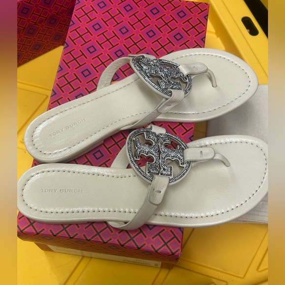 Tory Burch New Cream Pave Crystal Leather Miller Size 9 - Picture 5 of 10